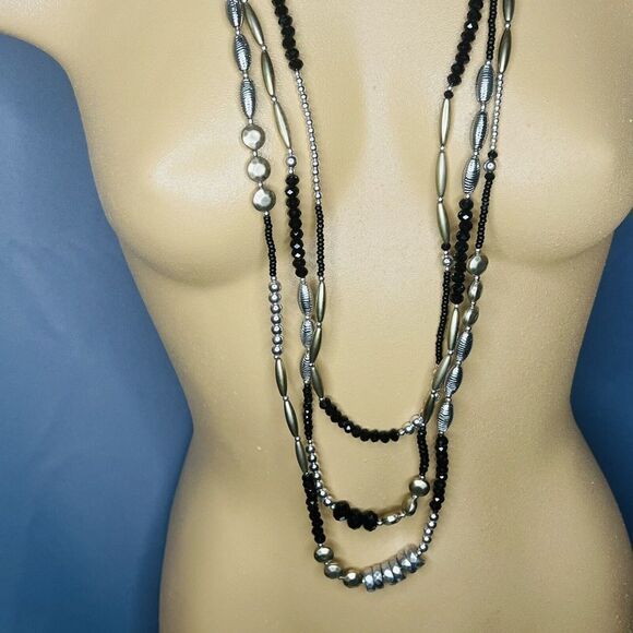 Chico's Statement Necklace Long Layered 3 Strand Beaded Black Silver Gold 1120 - Picture 2 of 11